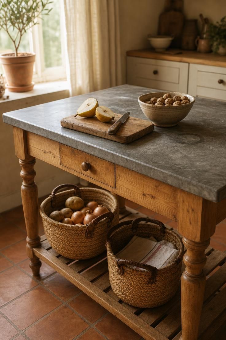 Zinc-topped worktable with turned pine legs and woven market baskets on the lower shelf in a french cottage kitchen with warm golden light.