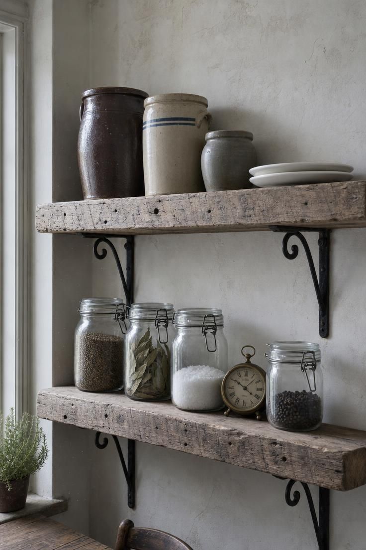 Reclaimed pine shelves on wrought iron brackets holding stoneware crocks and glass preserving jars in a french cottage kitchen with cool overcast light.