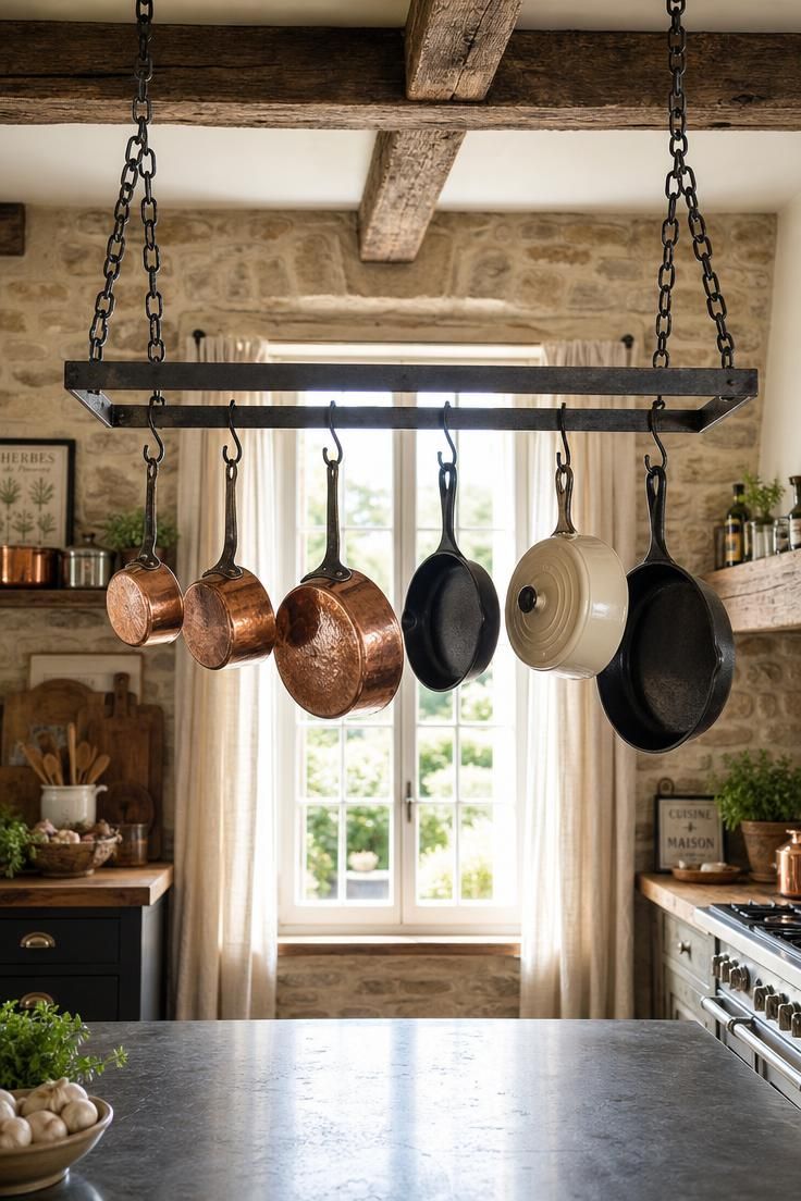 Cast iron pot rack suspended from forged chain links holding copper saucepans and iron skillets in a bright french cottage kitchen with midday light.