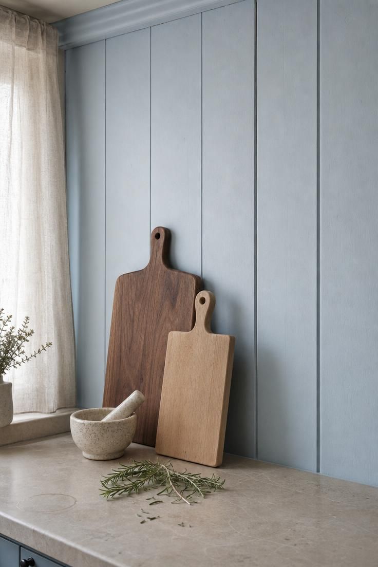 Pale blue tongue-and-groove paneling behind a honed limestone prep counter with wooden cutting boards and fresh rosemary in a french cottage kitchen.