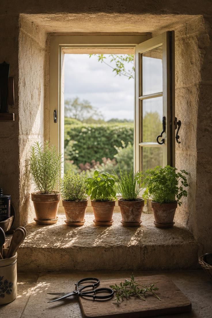 Deep-set stone casement window with terracotta pots of rosemary, thyme, basil, chives, and parsley on the sill in a french cottage kitchen with afternoon light.