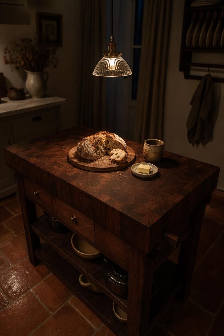 Waxed walnut butcher block island under a single brass pendant lamp casting warm light on sourdough bread in a moody evening french cottage kitchen.