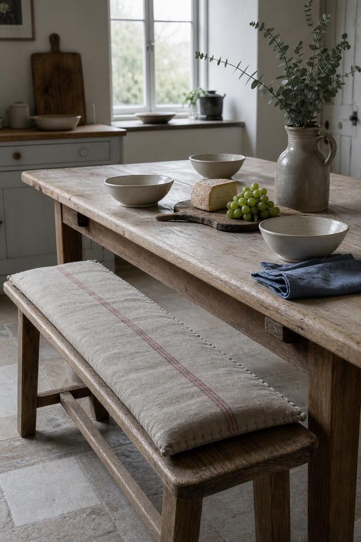 Worn elm bench with a grain sack cushion at a scrubbed pine farmhouse table set for a simple meal in a french cottage kitchen with cool overcast light.