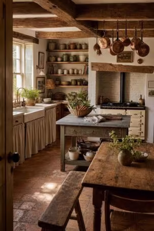 Wide view of a french cottage kitchen from the doorway showing limestone sink area, cream range cooker in a brick alcove, copper pots on ceiling beams, a zinc worktable, and a scrubbed pine table on terracotta floors in warm afternoon light.