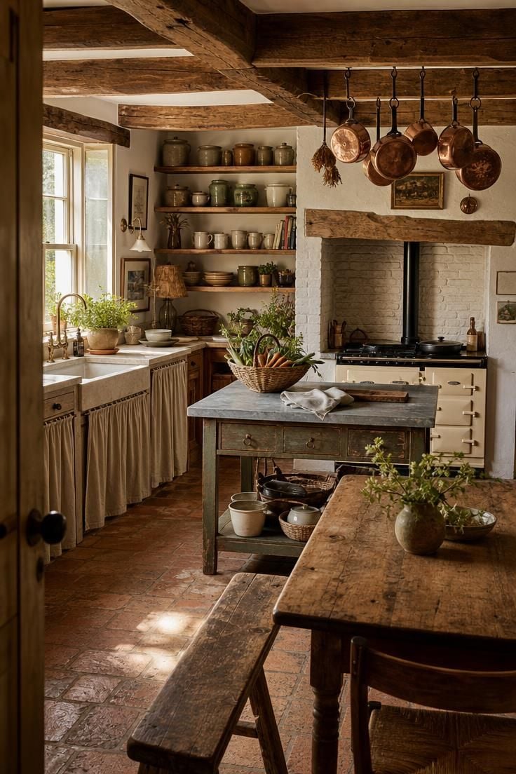 Wide view of a french cottage kitchen from the doorway showing limestone sink area, cream range cooker in a brick alcove, copper pots on ceiling beams, a zinc worktable, and a scrubbed pine table on terracotta floors in warm afternoon light.