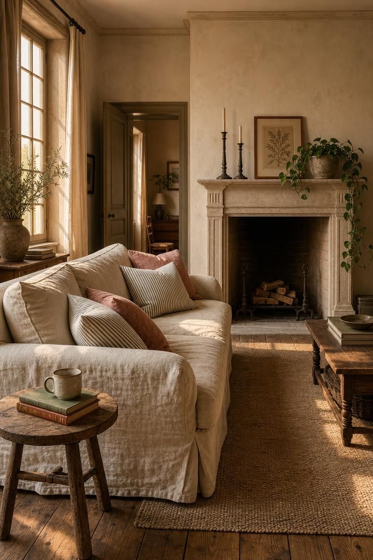 11 French Cottage Living Room Ideas Full of Soft Charm 1 Flax linen sofa facing a carved sandstone fireplace surround in a french cottage living room with warm golden afternoon light
