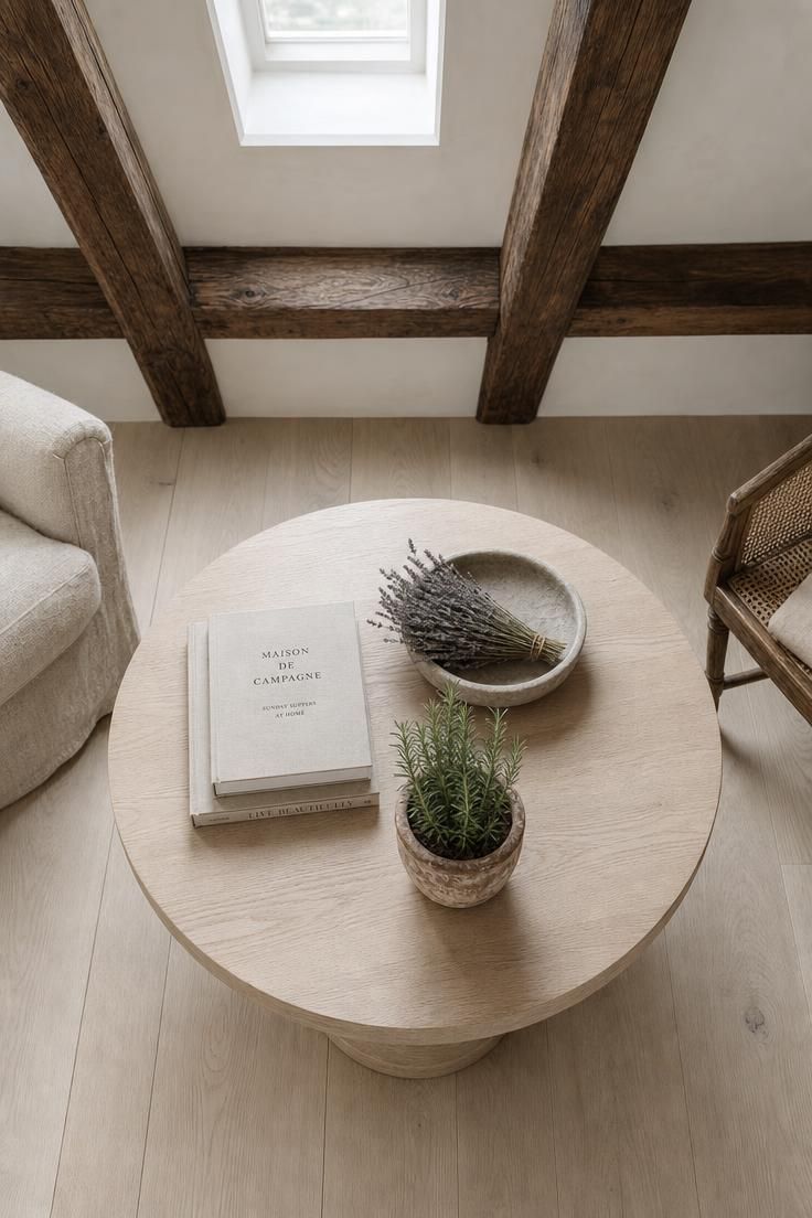 11 French Cottage Living Room Ideas Full of Soft Charm 2 Overhead view of a bleached oak pedestal coffee table beneath dark exposed ceiling beams in a french cottage living room
