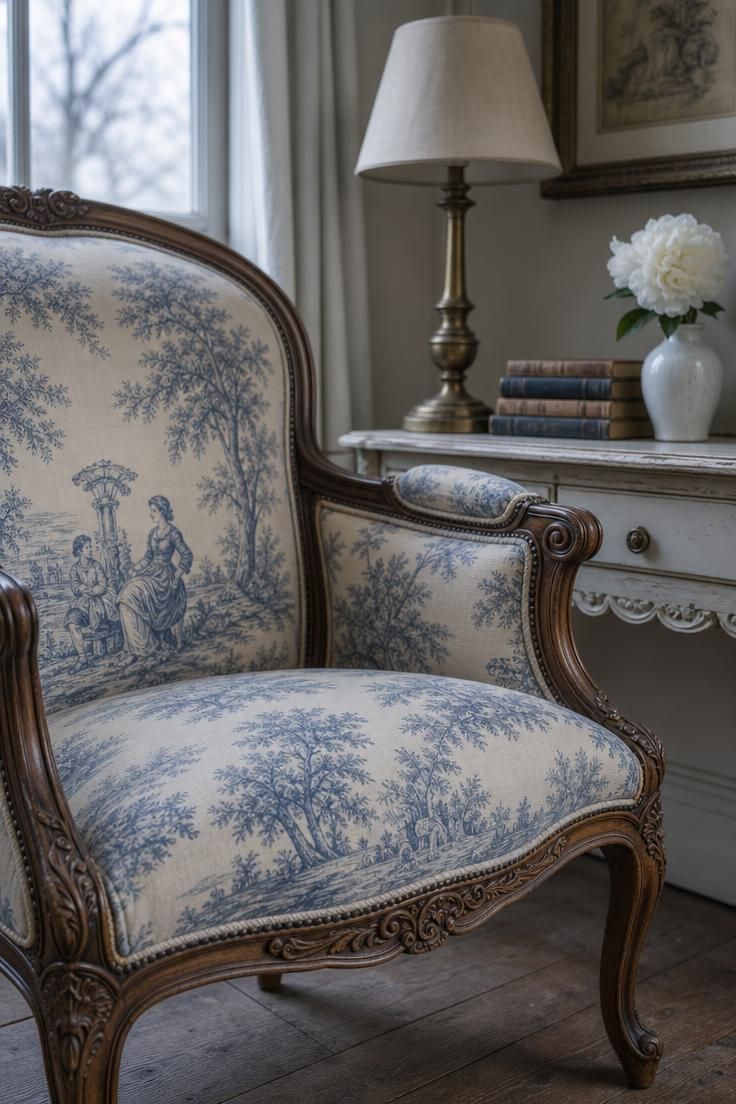 11 French Cottage Living Room Ideas Full of Soft Charm 3 Close-up of a bergère chair upholstered in faded blue toile de Jouy beside a painted console table in a french cottage living room