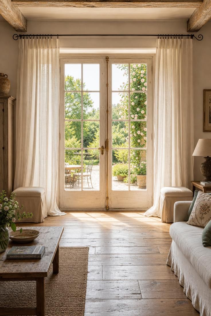 11 French Cottage Living Room Ideas Full of Soft Charm 4 Tall divided-light french doors with sheer linen panels pooling onto wide-plank oak floors in a bright french cottage living room