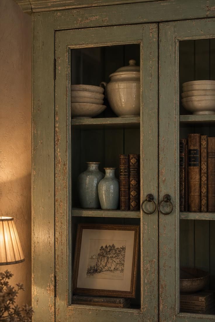 11 French Cottage Living Room Ideas Full of Soft Charm 5 Close-up of distressed sage green cabinet shelves displaying ceramics and aged books in moody low light in a french cottage living room