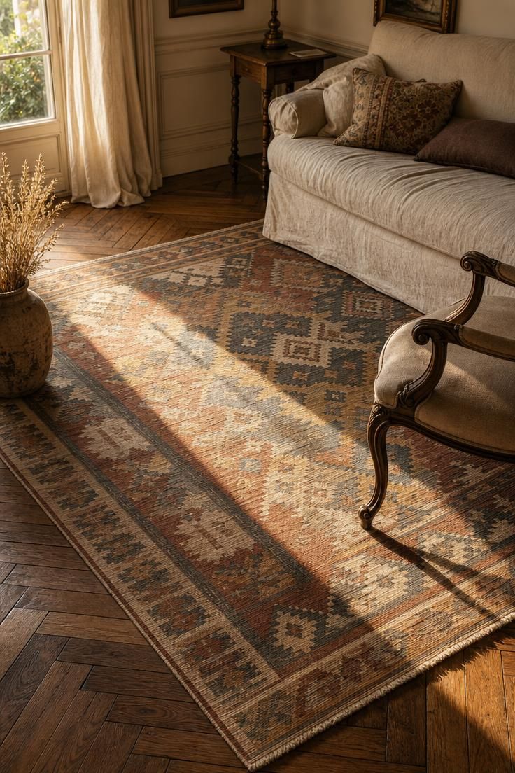 11 French Cottage Living Room Ideas Full of Soft Charm 6 Vintage kilim rug in muted terra and ochre tones layered over herringbone parquet in a warm french cottage living room