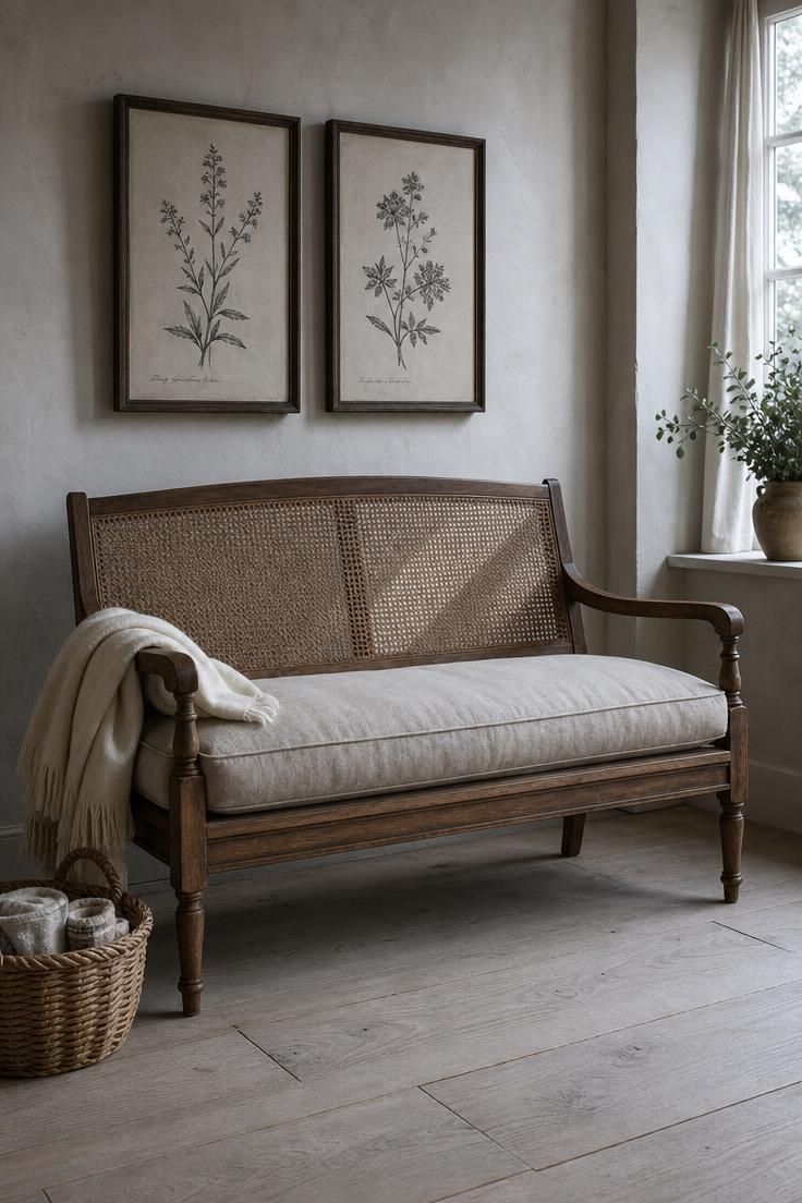 11 French Cottage Living Room Ideas Full of Soft Charm 8 Cane-back settee with oatmeal linen cushion beneath framed botanical prints in a french cottage living room with cool morning light