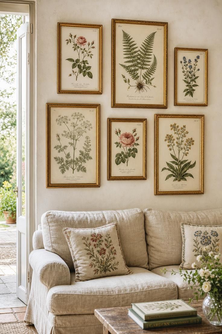 11 French Cottage Living Room Ideas Full of Soft Charm 9 Gallery wall of antique botanical engravings in gilded frames above a linen sofa in a bright french cottage living room