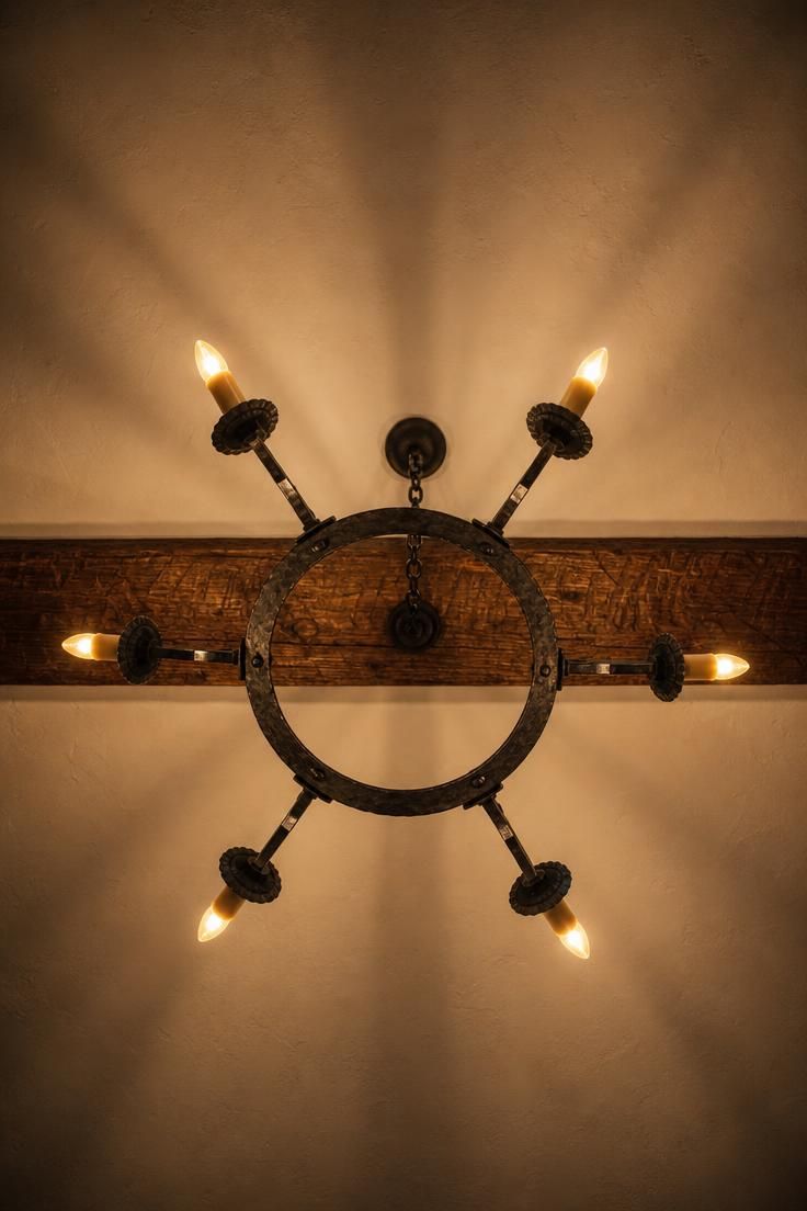 11 French Cottage Living Room Ideas Full of Soft Charm 10 Wrought iron ring chandelier with beeswax taper bulbs viewed from below against a plaster ceiling and oak beam