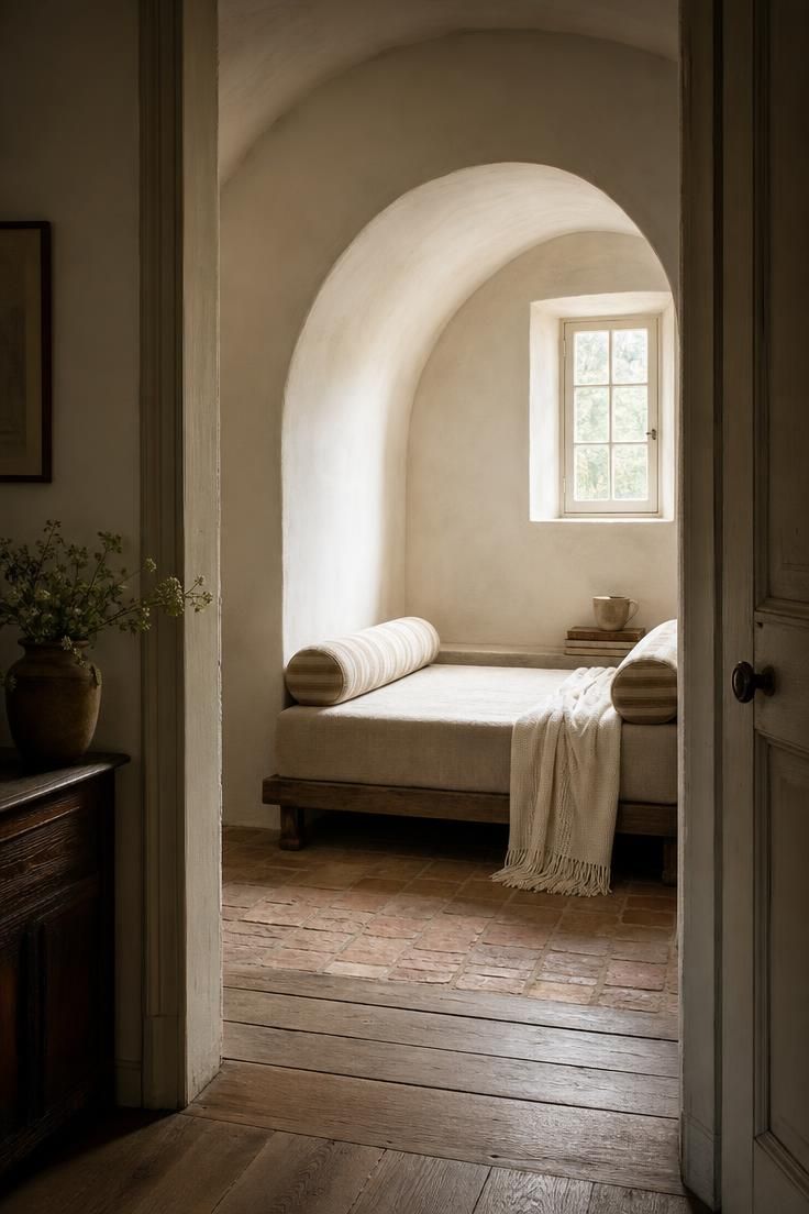 11 French Cottage Living Room Ideas Full of Soft Charm 11 Linen-draped daybed tucked inside a plastered arched alcove in a french cottage living room with soft diffused light
