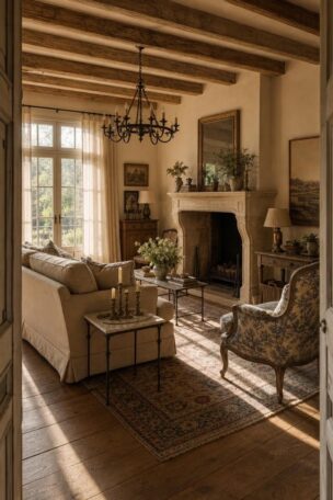 Complete french cottage living room with linen sofa, carved limestone mantel, exposed beams, french doors, and vintage kilim rug in warm golden afternoon light