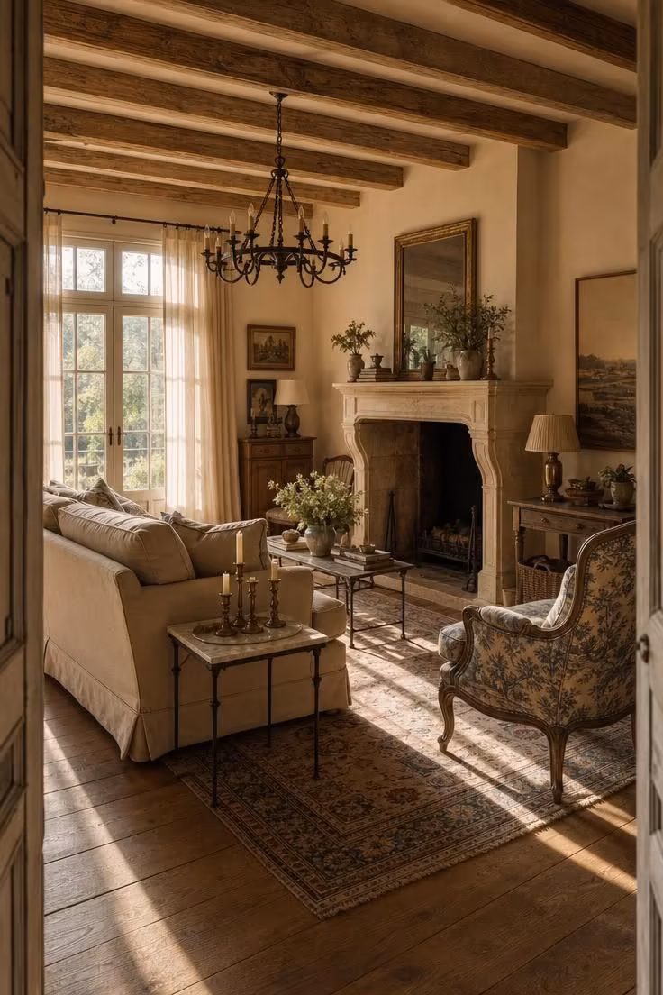 Simple Spaces 15 Complete french cottage living room with linen sofa, carved limestone mantel, exposed beams, french doors, and vintage kilim rug in warm golden afternoon light