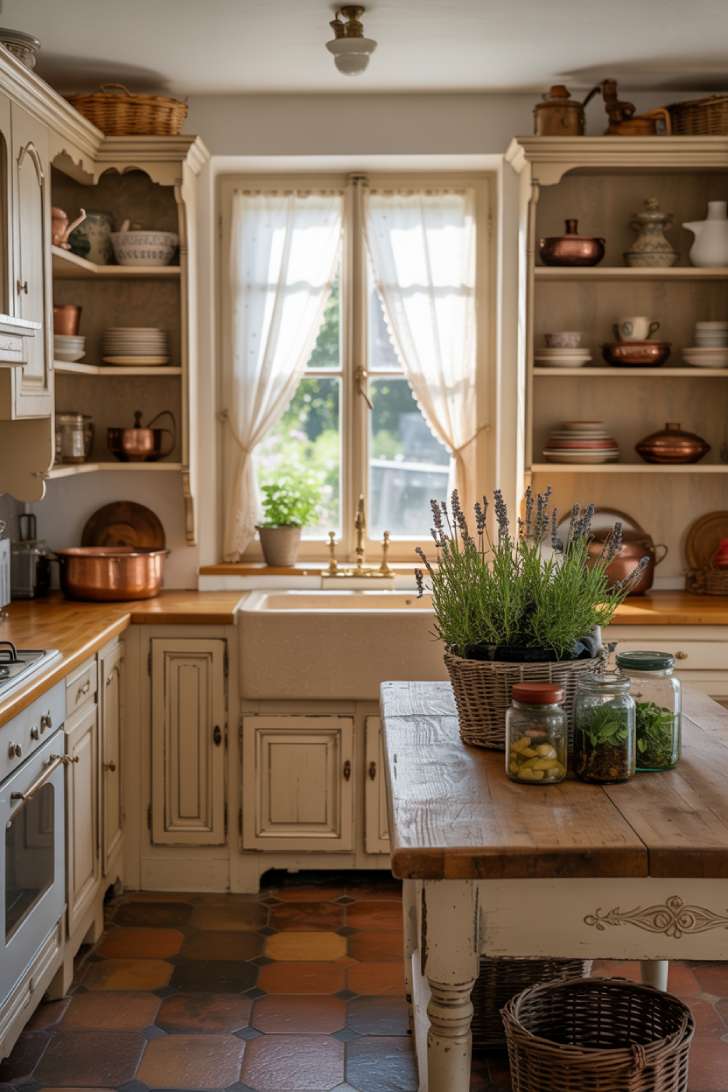 French countryside kitchen featuring ornate cabinetry and butcher block island