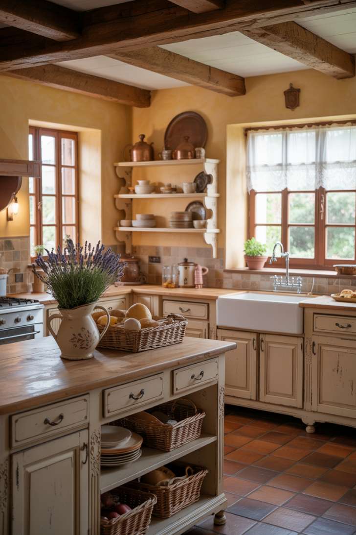 Charming French country kitchen with distressed cabinets and stone backsplash