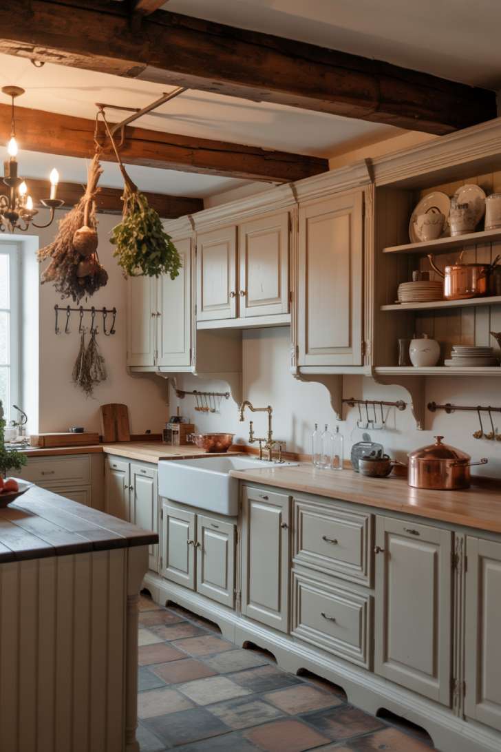 Elegant French country kitchen with raised panel cabinetry and vintage chandelier