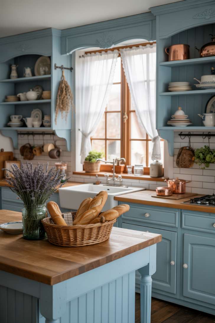 Cozy French country kitchen with powder blue cabinets and subway tile