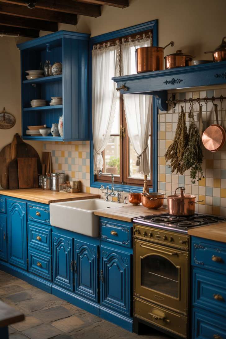 Bold French countryside kitchen with cobalt blue cabinets and brass fixtures