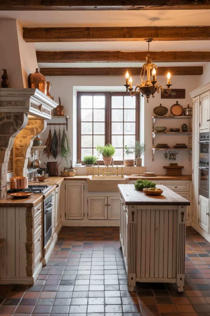 Spacious French country kitchen with white cabinetry and central island