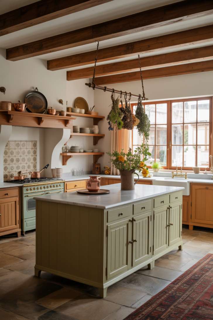 Modern French country kitchen with sage green cabinetry and marble island
