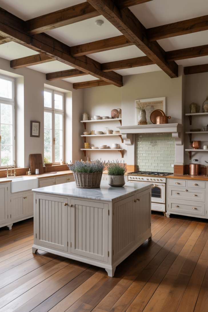 Refined French country kitchen with honed marble and exposed dark beams