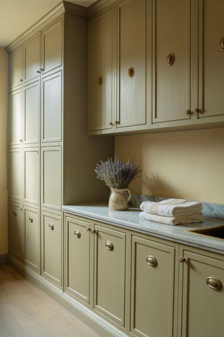 Sage green shaker cabinets with aged brass hardware in a sunlit french country laundry room