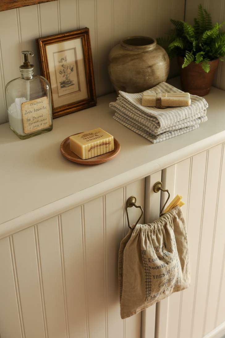 Vintage accessories and collected details on an open shelf in a french country laundry room
