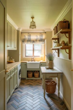 A complete french country laundry room with sage green cabinets, farmhouse sink, herringbone tile floor, and brass accents
