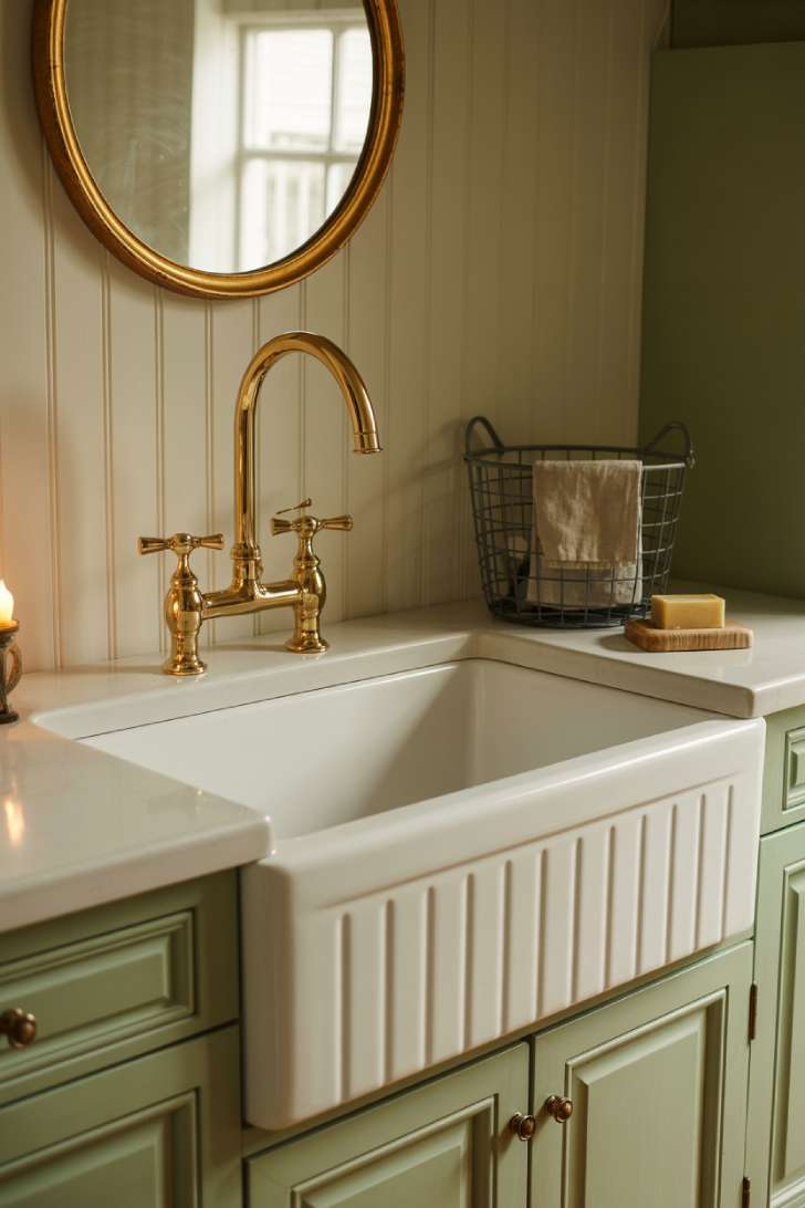 White fireclay farmhouse sink with brass cross-handle faucet and gilded mirror in a french country laundry room