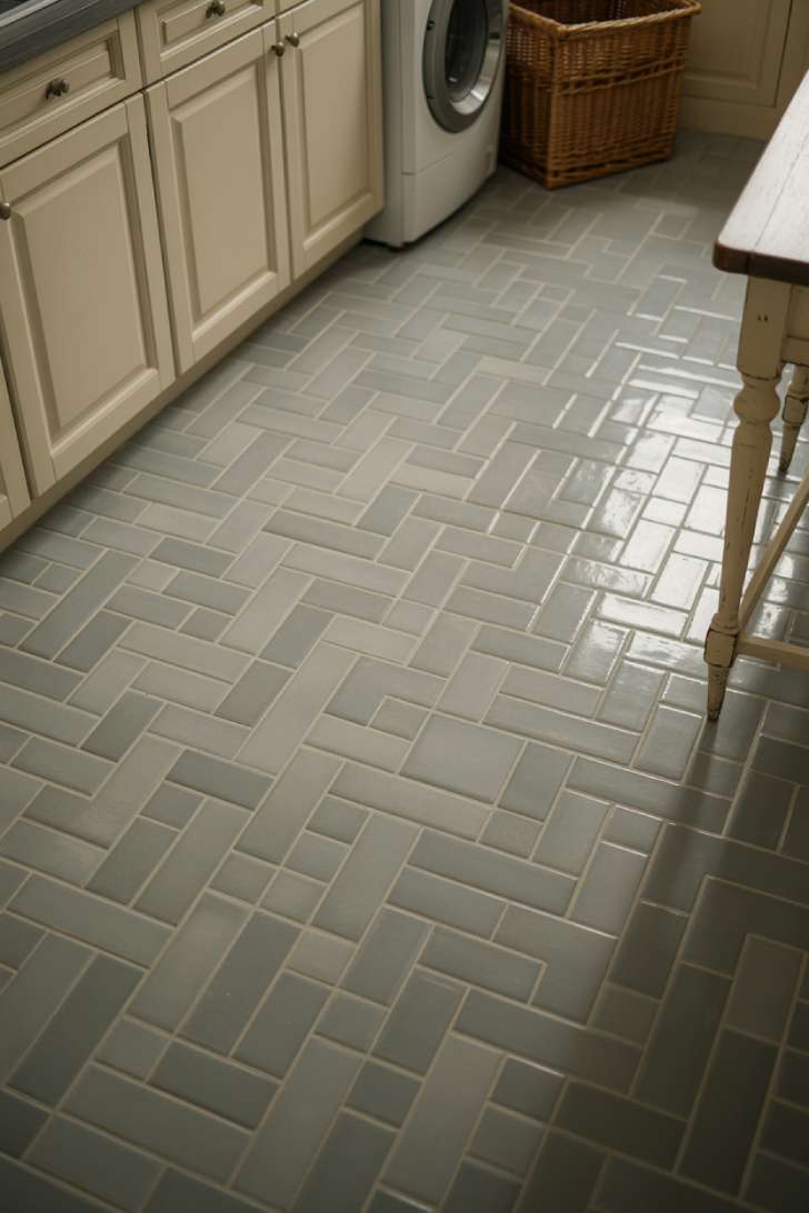 Herringbone-patterned gray brick tile flooring in a french country laundry room