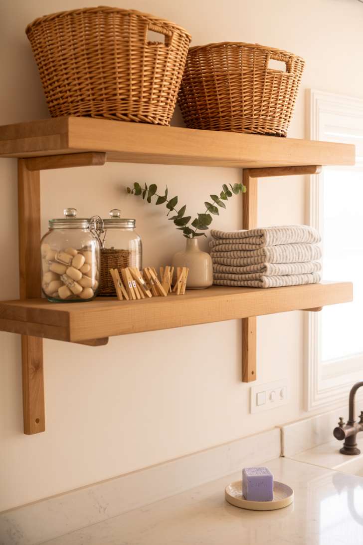Natural wood floating shelves styled with wicker baskets and glass jars in a french country laundry room