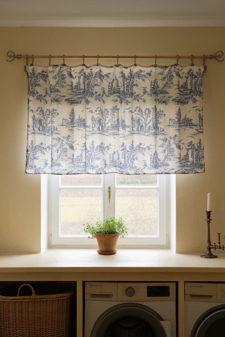 Blue and white toile de jouy valance on a wrought iron rod in a french country laundry room window