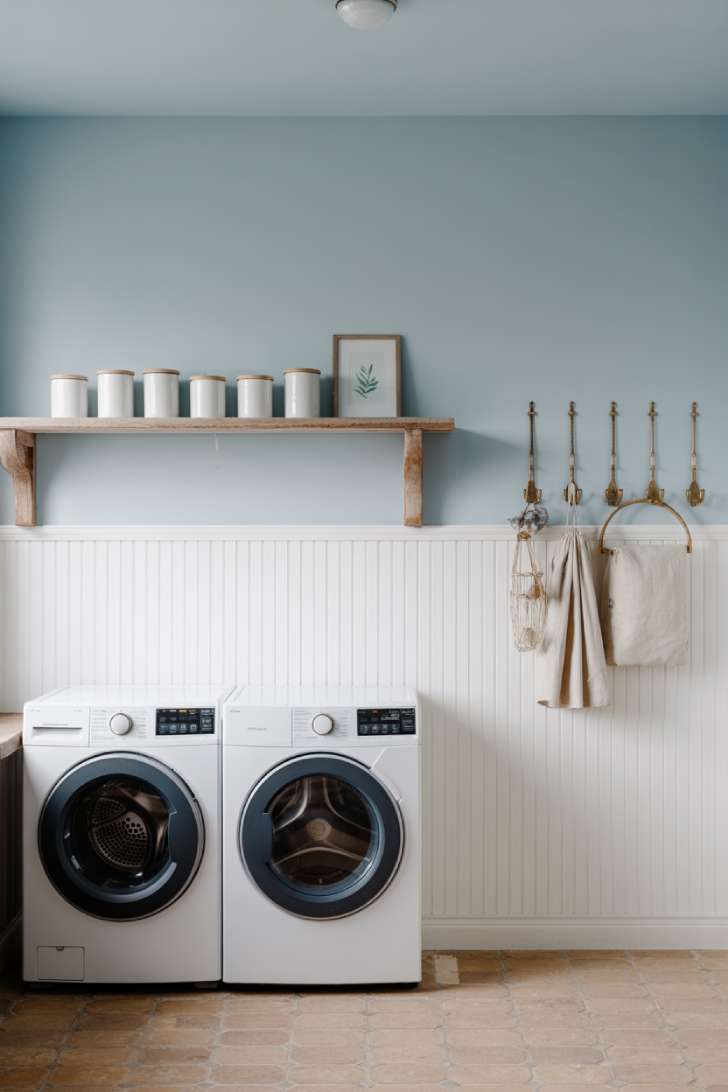 White beadboard paneling with powder blue upper walls in a french country laundry room