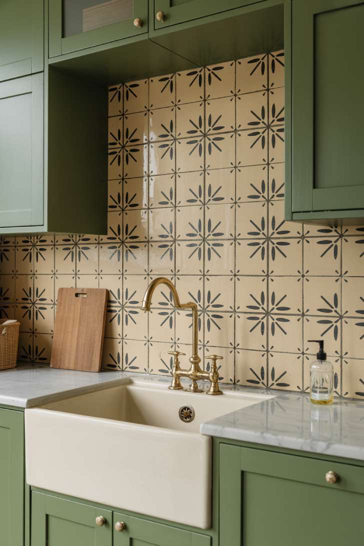 Hand-painted cement tile backsplash in black and cream behind a farmhouse sink in a french country laundry room