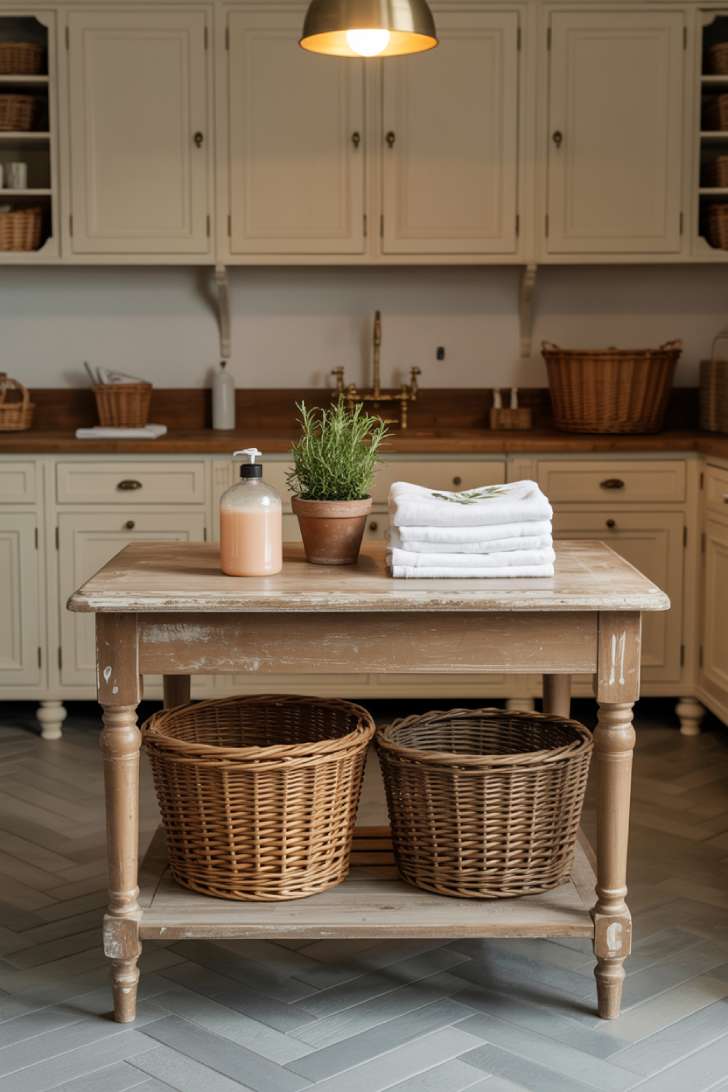 Distressed wood folding table with turned legs and wicker baskets underneath in a french country laundry room