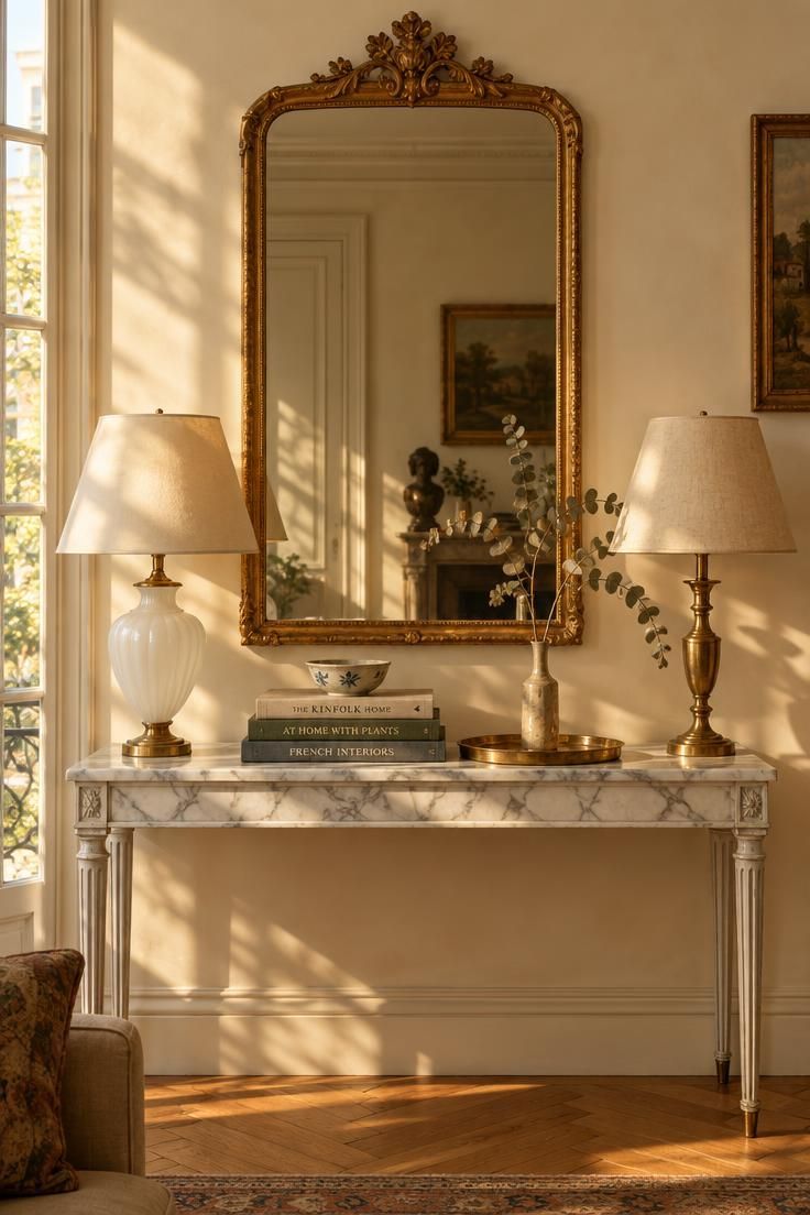14 French Eclectic Decor Ideas for a Collected, Warm Room 1 A gilded mirror centered above a marble-topped console with two mismatched lamps and a small stack of books.