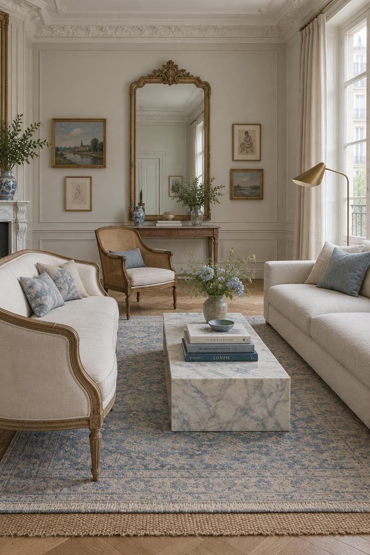 14 French Eclectic Decor Ideas for a Collected, Warm Room 2 A curved exposed-frame settee facing a low modern sofa with a caned chair angled between them.