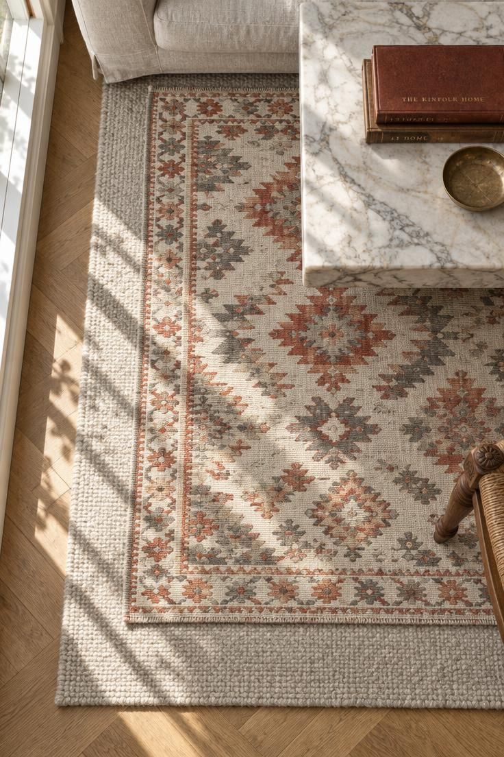 14 French Eclectic Decor Ideas for a Collected, Warm Room 3 A patterned kilim rug layered over a larger neutral rug on a herringbone floor, viewed from above.