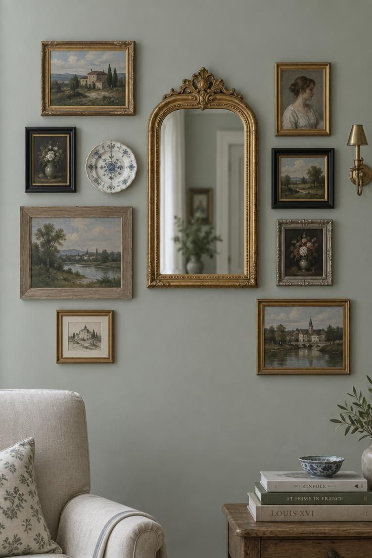 14 French Eclectic Decor Ideas for a Collected, Warm Room 4 A wall grouping with a gilded mirror set among small paintings in mismatched frames and a decorative plate.