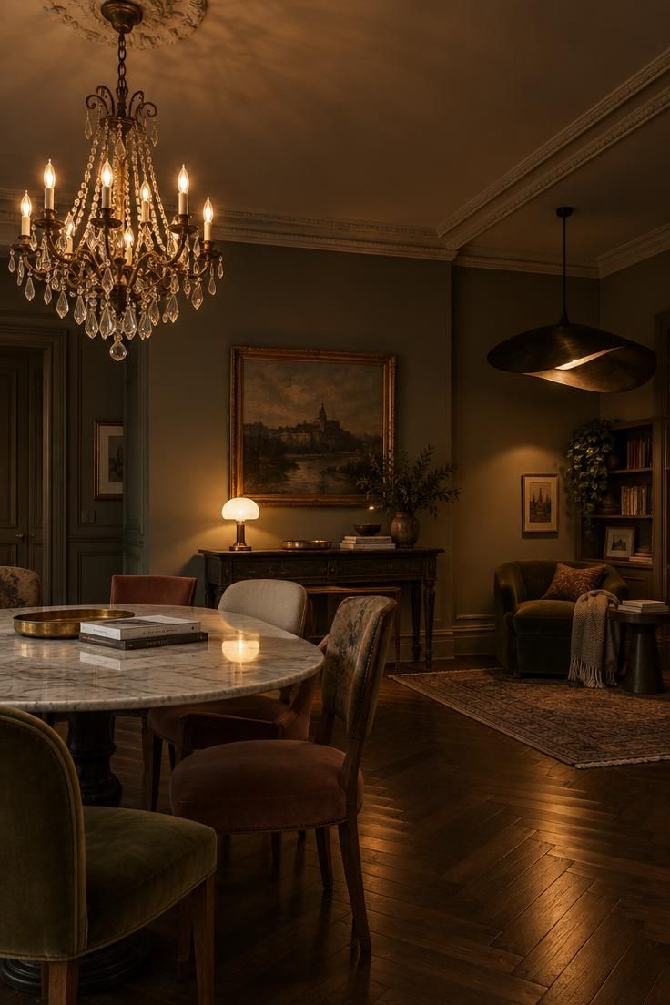 14 French Eclectic Decor Ideas for a Collected, Warm Room 5 A traditional brass and crystal chandelier in one half of a dining room with a modern pendant opposite.