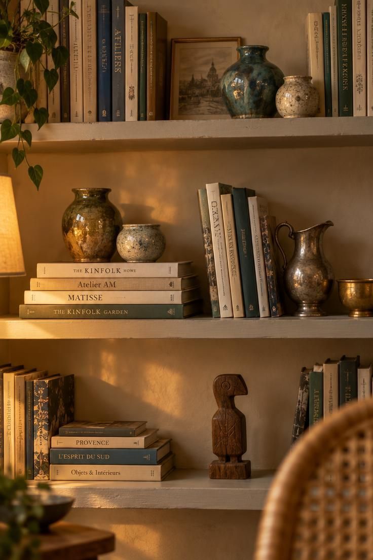 14 French Eclectic Decor Ideas for a Collected, Warm Room 6 Open shelves holding books, ceramics, a silver pitcher, and one carved wooden object in loose zones.