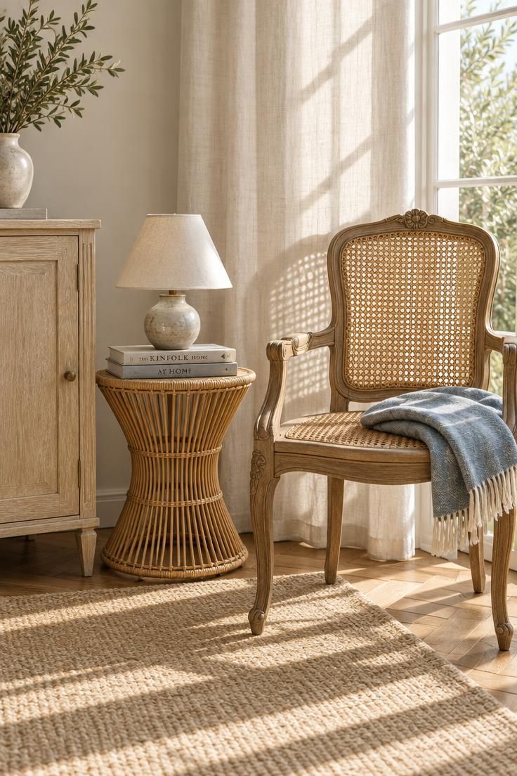 14 French Eclectic Decor Ideas for a Collected, Warm Room 7 A caned-back chair beside a limed oak cabinet with a rattan side table between them.