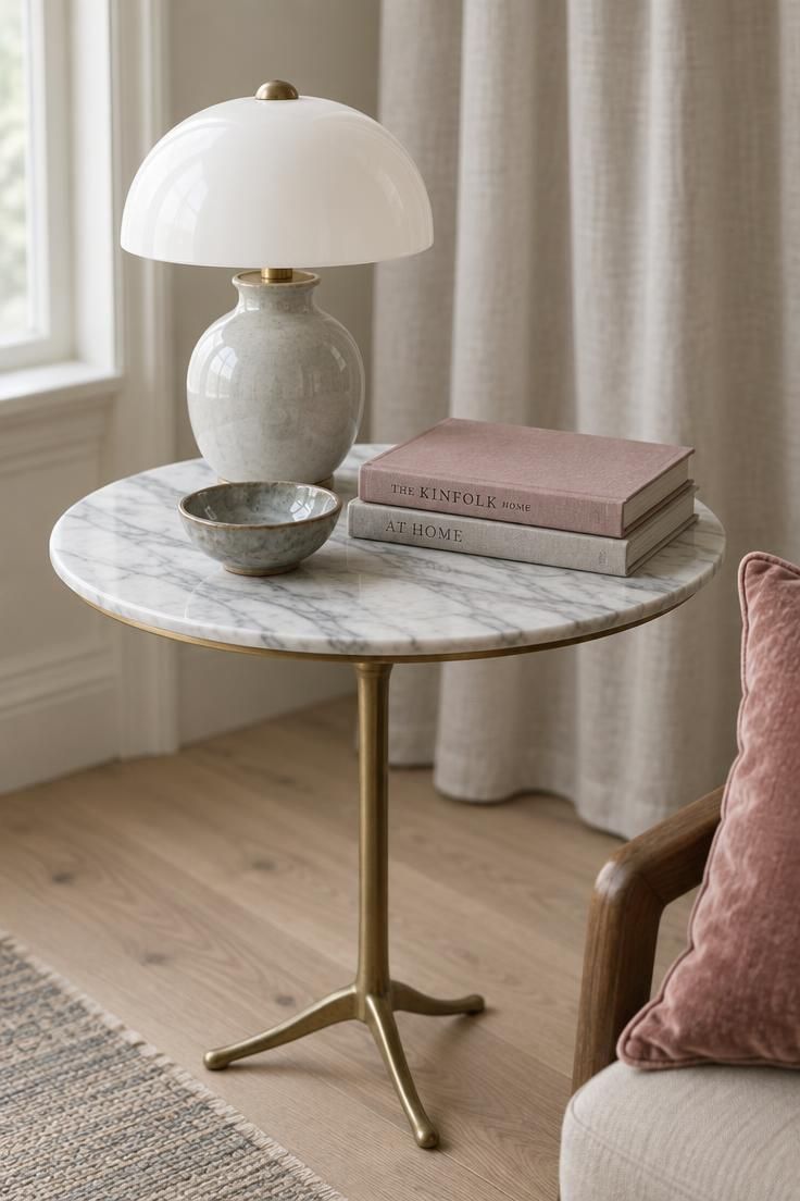 14 French Eclectic Decor Ideas for a Collected, Warm Room 8 A small round marble-topped table holding a lamp, a ceramic bowl, and two books.