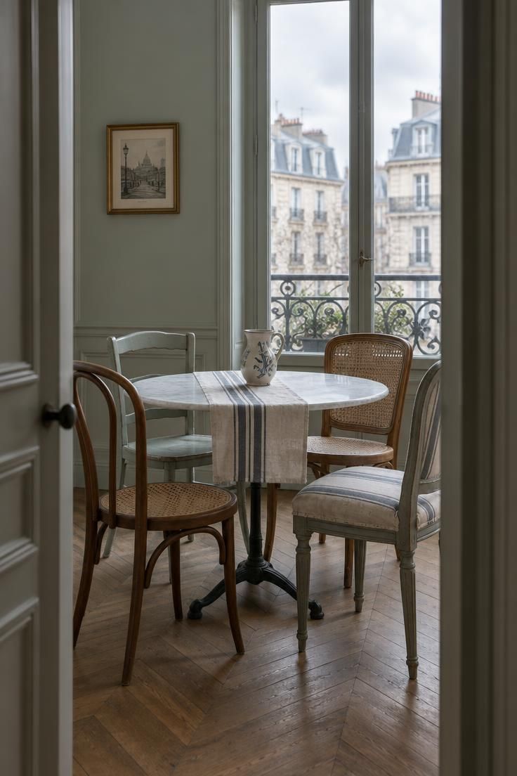 14 French Eclectic Decor Ideas for a Collected, Warm Room 9 A round bistro table with four mismatched chairs of similar scale in a small breakfast nook.