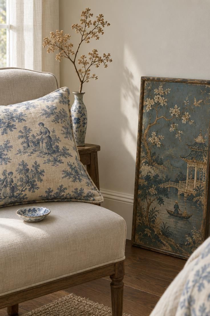 14 French Eclectic Decor Ideas for a Collected, Warm Room 10 A toile cushion and a chinoiserie panel used together with plain linen between them.