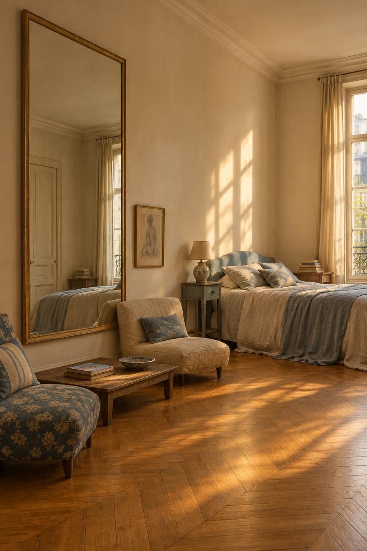 14 French Eclectic Decor Ideas for a Collected, Warm Room 11 An oversized mirror dominating one wall of a small bedroom with low furniture beneath it.